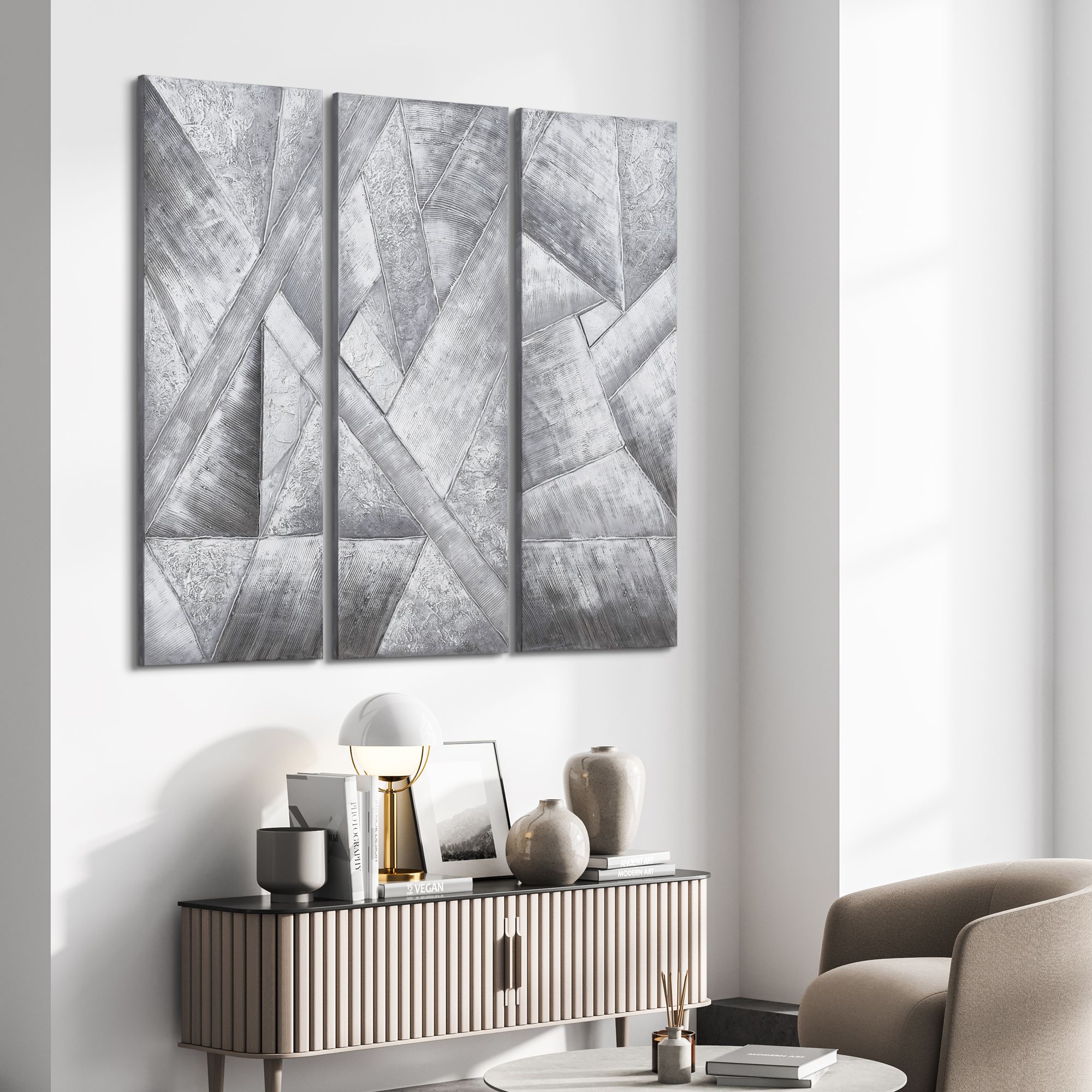 Diamonds 60"H Textured Metallic 3-Piece Canvas Wall Art Set in scene