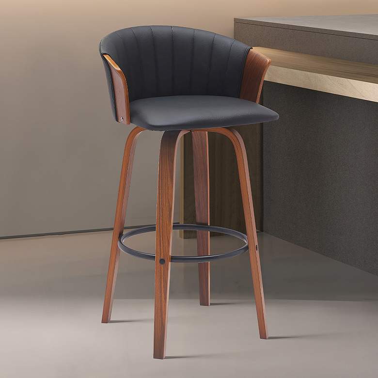 Image 1 Diana 25 3/4" Walnut Black Faux Leather Swivel Counter Stool