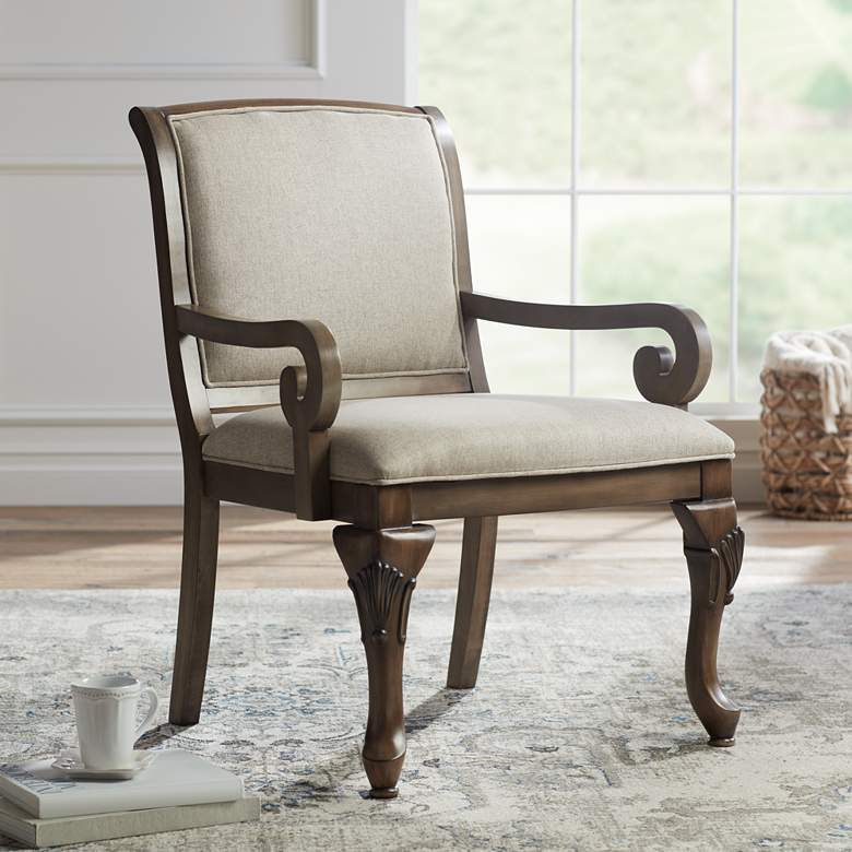 Image 1 Diana Beige Upholstered Wood Arm Traditional Accent Chair