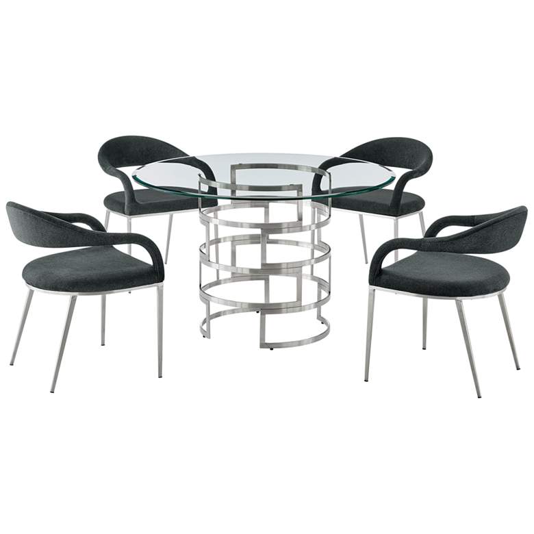 Image 1 Diaz Morgan 5 Pc Glass Dining Table Set In Stainless Steel, Charcoal Fabric