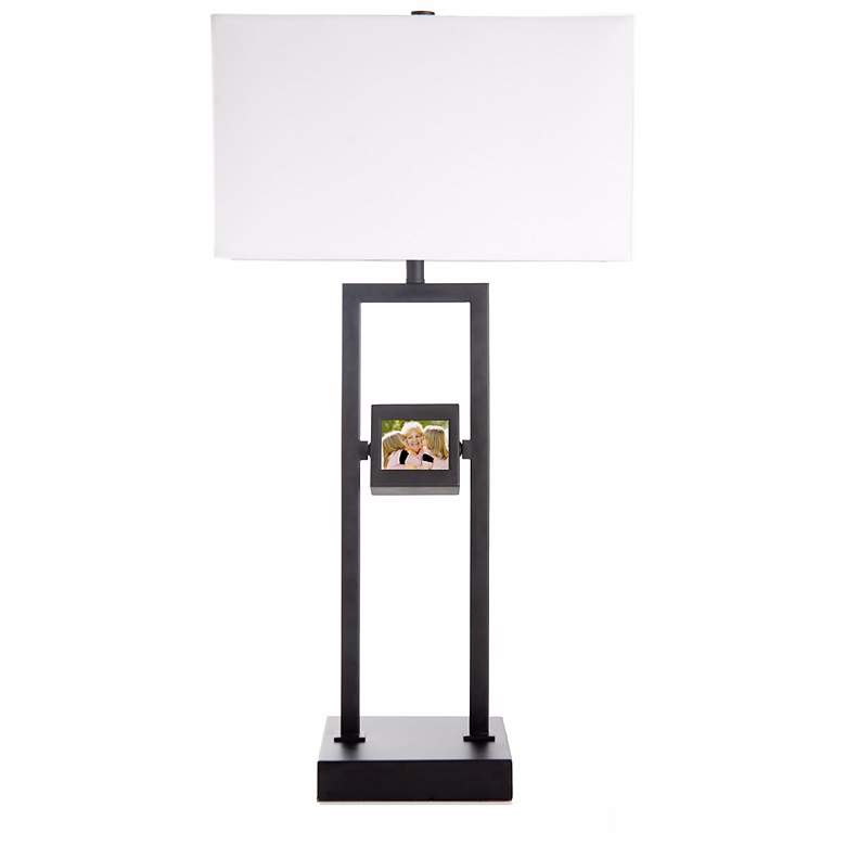 Image 1 Digital Photo Black Metal Table Lamp with White Linen Shade