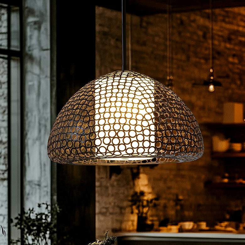 Image 1 Dilston 24" Wide 3 Light Cream Linen And Bronze Dome Pendant