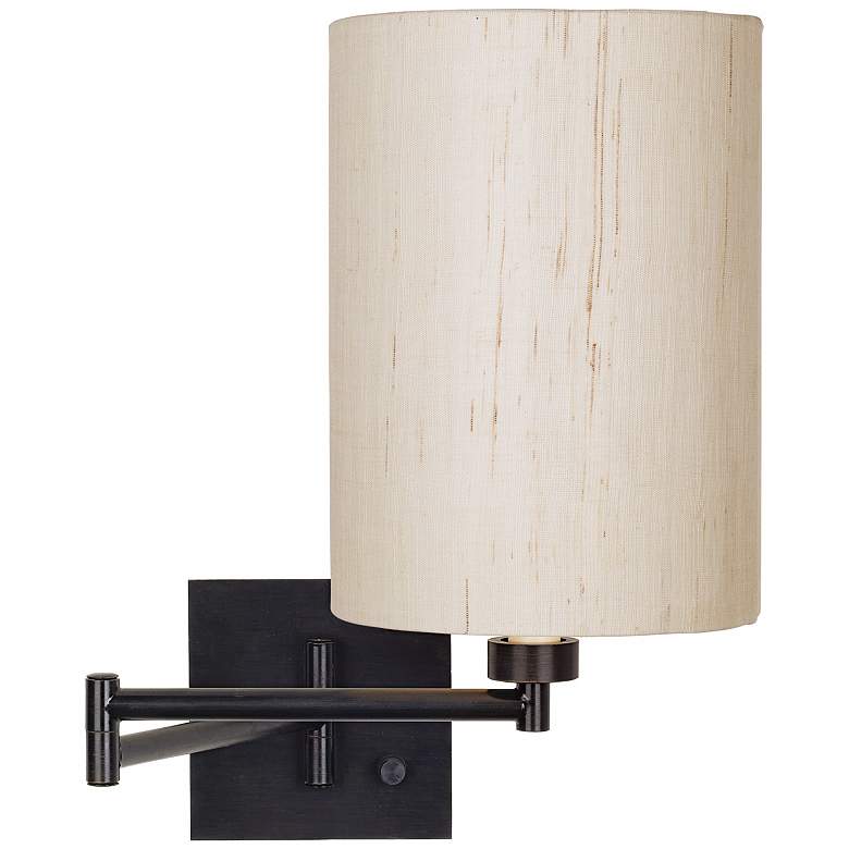 Image 1 Dimmable Ivory Linen-Espresso Plug-In Swing Arm Wall Lamp