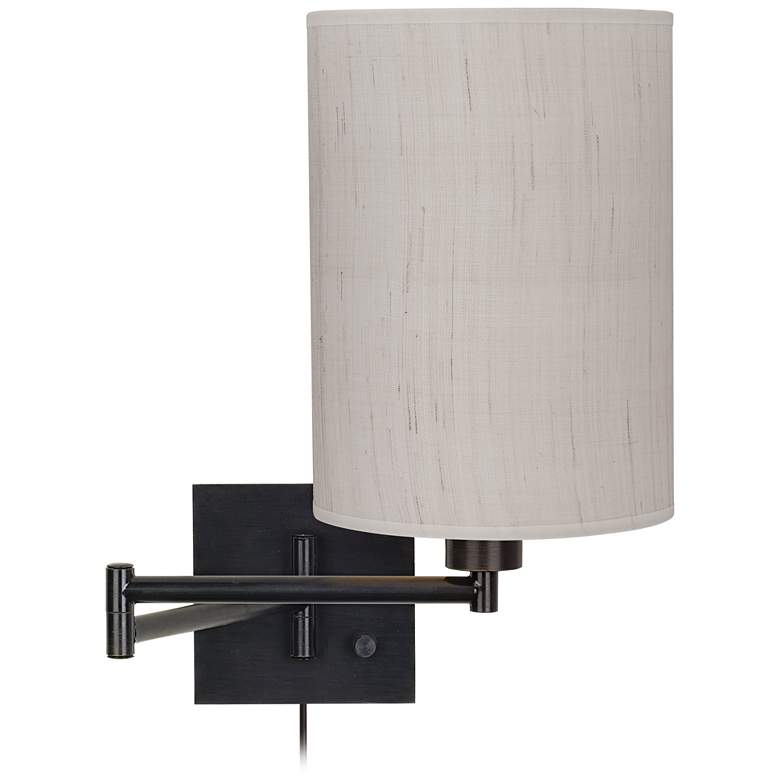 Dimmable Ivory Linen-Espresso Plug-In Swing Arm Wall Lamp