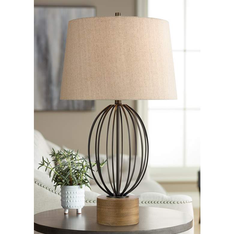 Image 1 Dimond Old Oak Wood and Black Metal Openwork Table Lamp