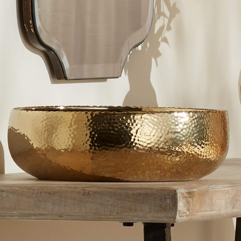 Image 1 Dimpled Matte Golden 12 inch Wide Ceramic Decorative Bowl