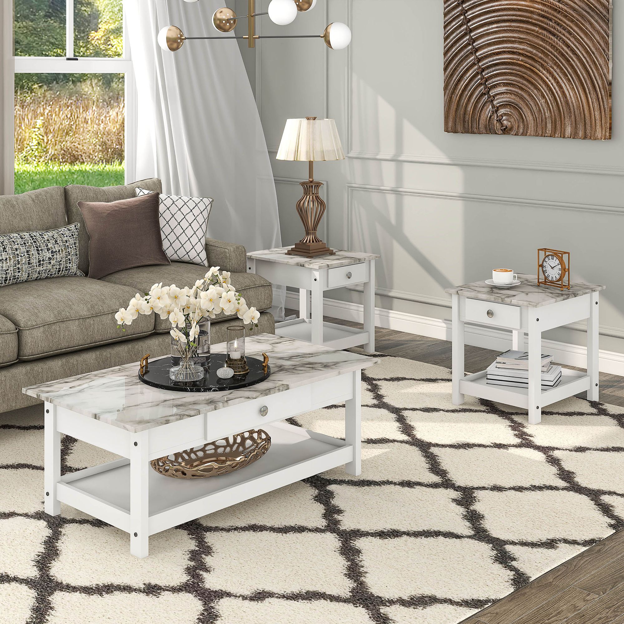 Dingo White 3-Piece Coffee and End Table Set with Drawers