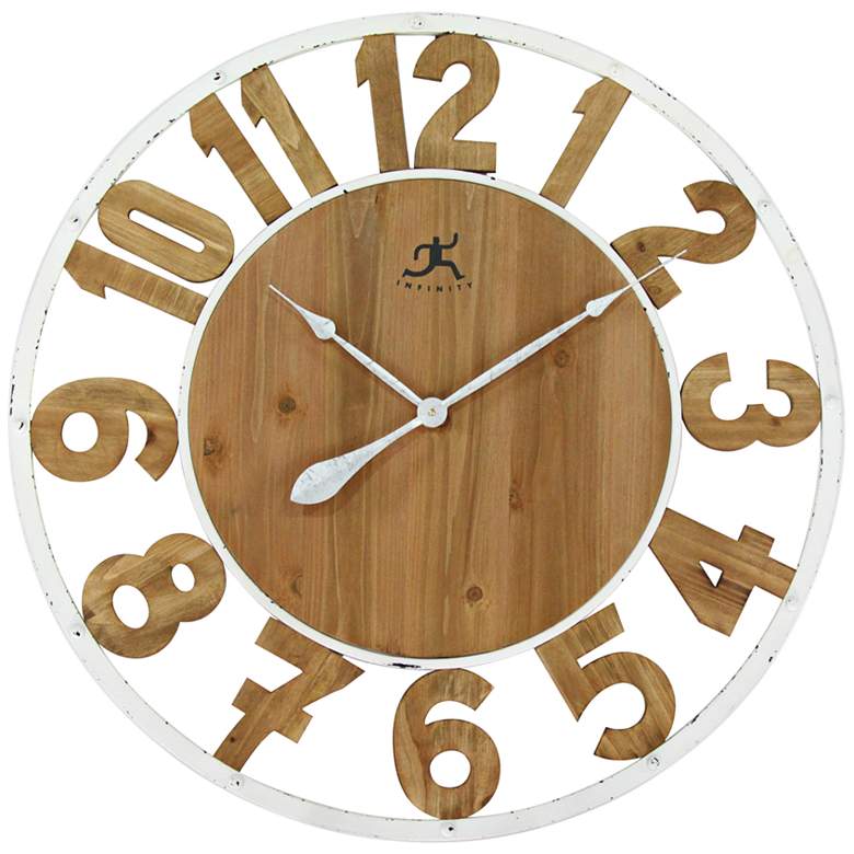 Image 1 Dinora White Natural Wood 31 1/2 inch Round Wall Clock