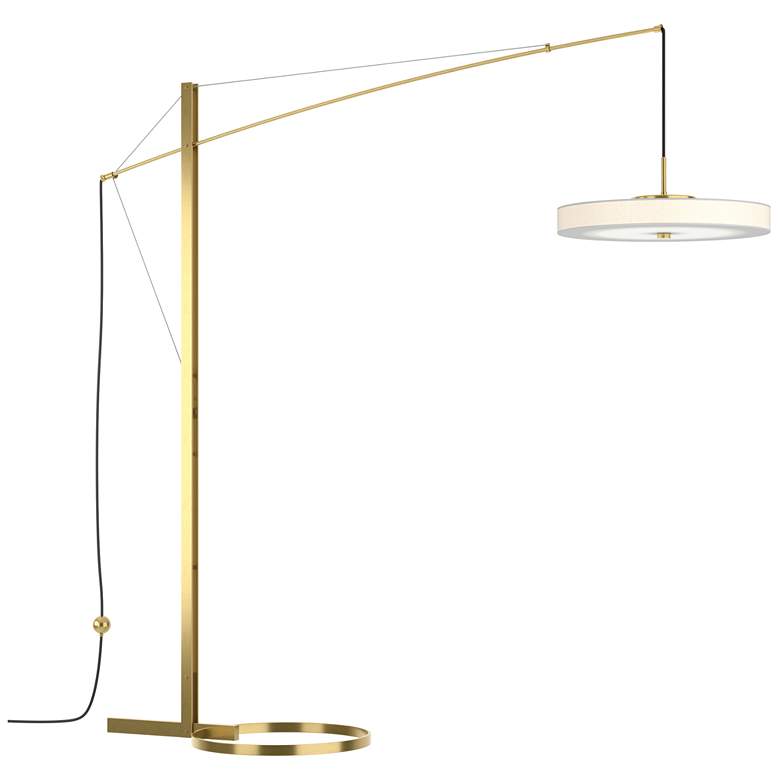 Image 1 Disq Arc 84" High Modern Brass LED Floor Lamp With Spun Frost Shade