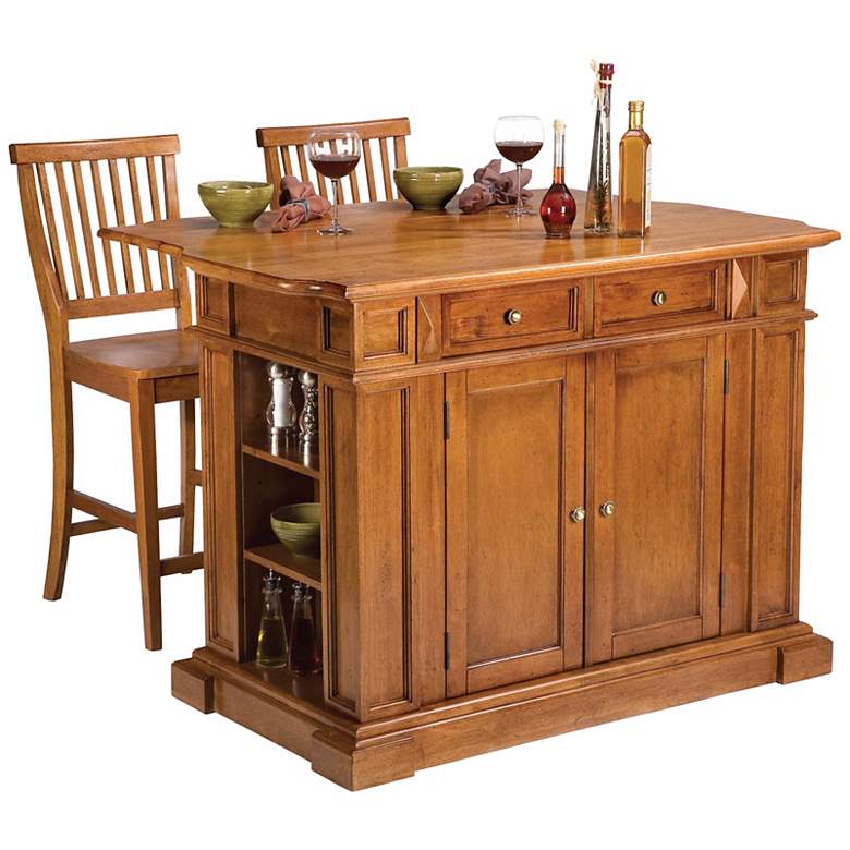 Image 1 Distressed Cottage Oak Kitchen Island Set with Two Stools