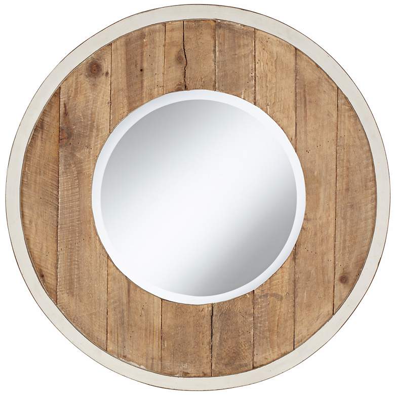 Image 1 Distressed White and Natural Wood 30" Round Wall Mirror
