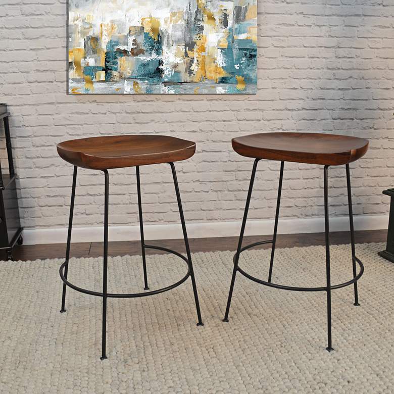 Image 6 Diya 24 1/2" Chestnut Wood Black Iron Counter Stool more views