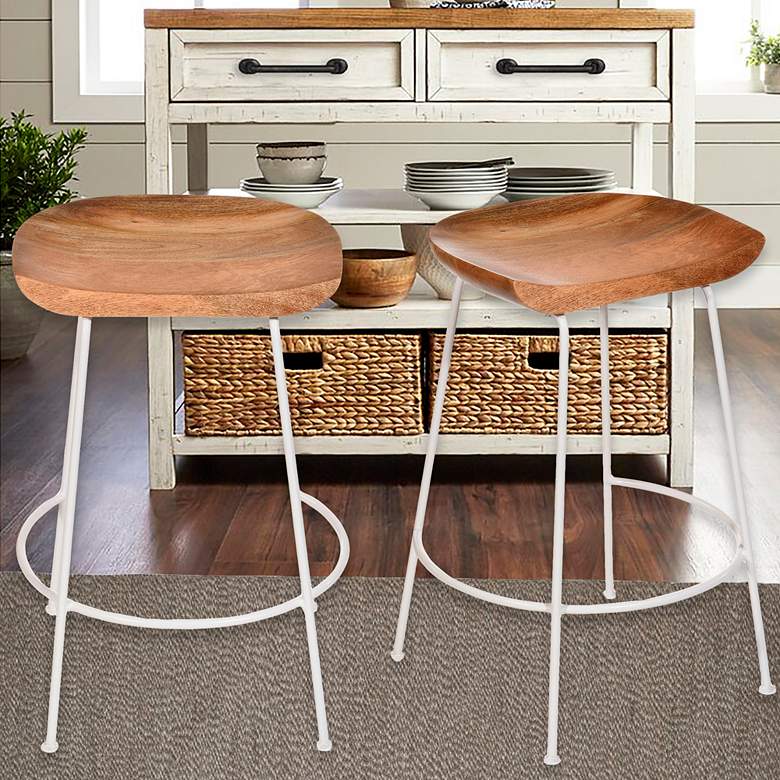 Image 1 Diya 24 1/2" Natural Wood White Iron Counter Stool Set of 2