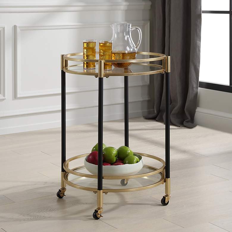 Image 1 Dolly 29 3/4" High x 22" Wide Gold and Black Bar Cart