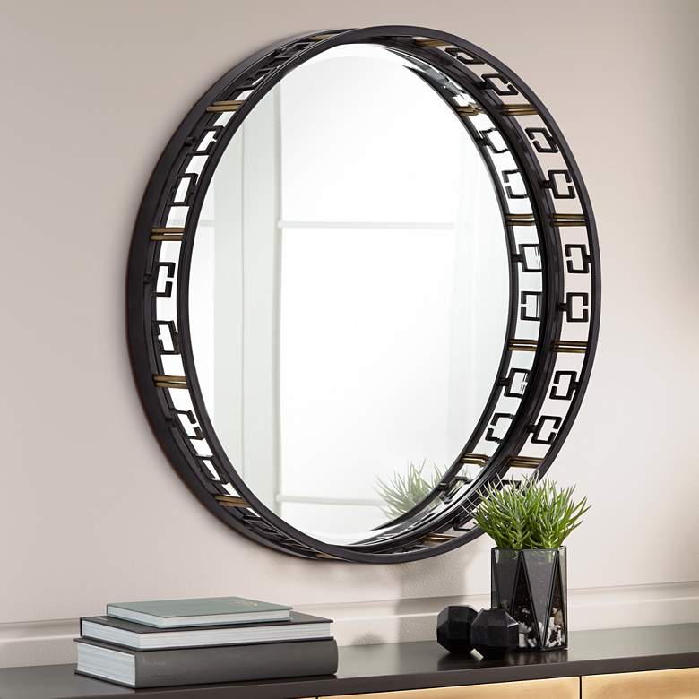 Image 1 Donovan Black and Bronze Key 31 1/4 inch Round Wall Mirror