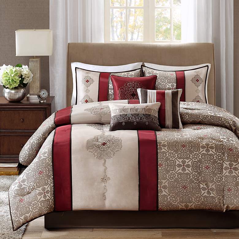 Image 1 Donovan Red Striped 7-Piece Queen Comforter Bed Set