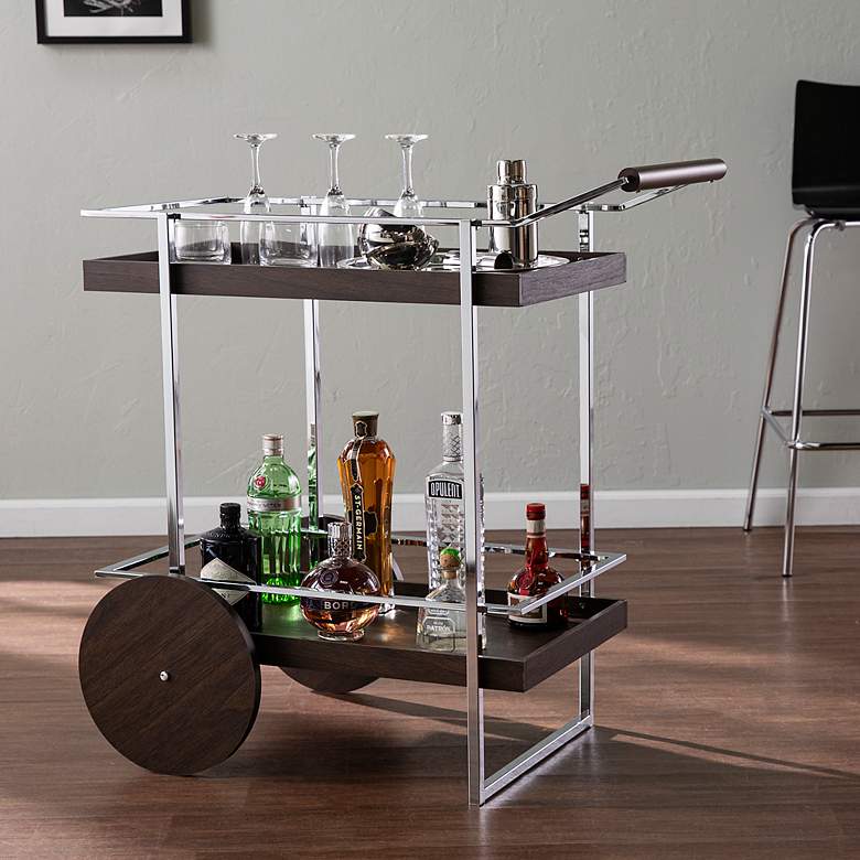 Image 1 Dorben 34 1/4 inch Wide Dark Brown and Chrome Rolling Bar Cart
