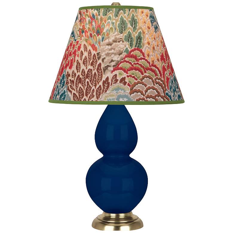 Image 1 Double Gourd 22.75"H Cobalt And Brass Accent Lamp w/ Fall Floral Shade
