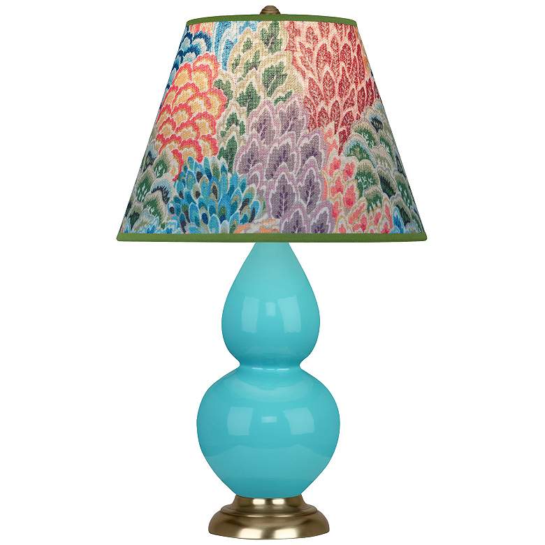 Image 1 Double Gourd 22.75"H Egg Blue And Brass Accent Lamp w/ Floral Shade