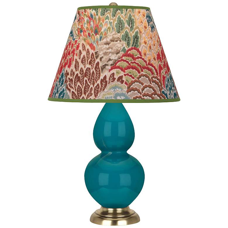 Image 1 Double Gourd 22.75"H Peacock And Brass Lamp w/ Fall Floral Shade