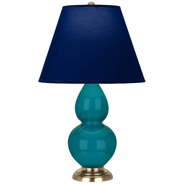 Image 1 Double Gourd 22.75"H Peacock And Brass Lamp w/ Navy And Gray Shade