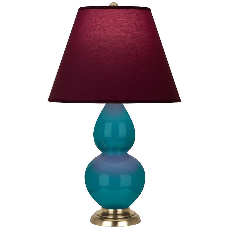Image 1 Double Gourd 22.75"H Peacock And Brass Lamp w/ Plum And Lavender Shade