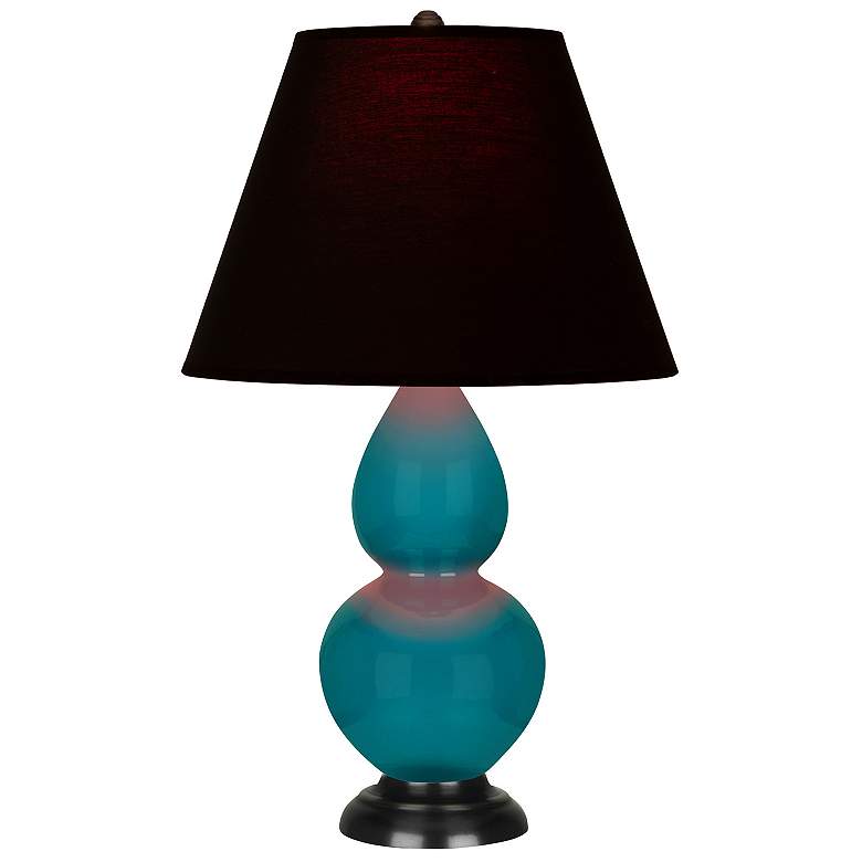 Image 1 Double Gourd 22.75"H Peacock And Bronze Lamp w/ Ink And Rose Shade