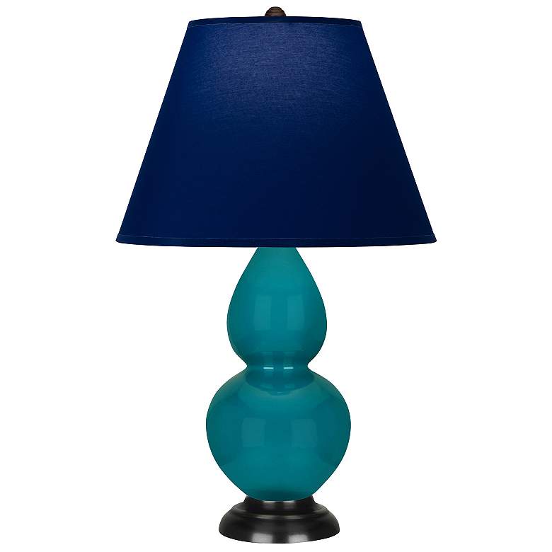 Image 1 Double Gourd 22.75"H Peacock And Bronze Lamp w/ Navy And Gray Shade