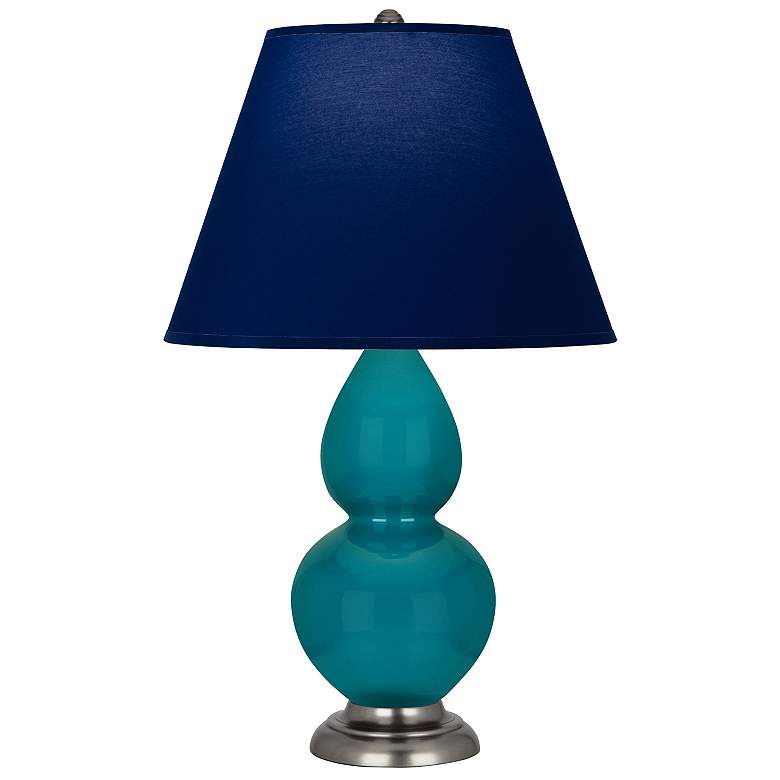 Image 1 Double Gourd 22.75"H Peacock And Silver Lamp w/ Navy And Gray Shade