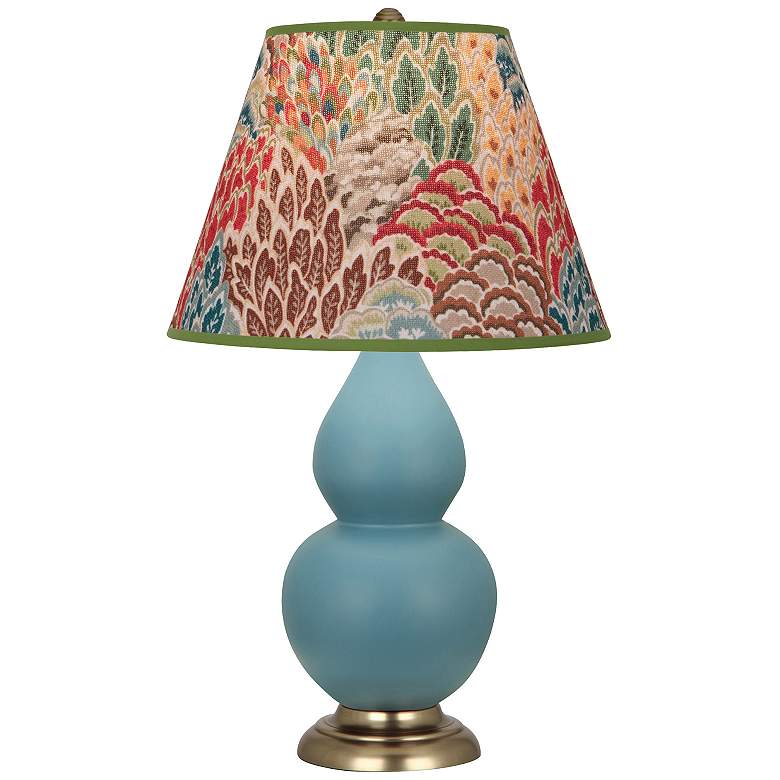 Image 1 Double Gourd 23"H Matte Steel Blue And Brass Lamp w/ Fall Floral Shade
