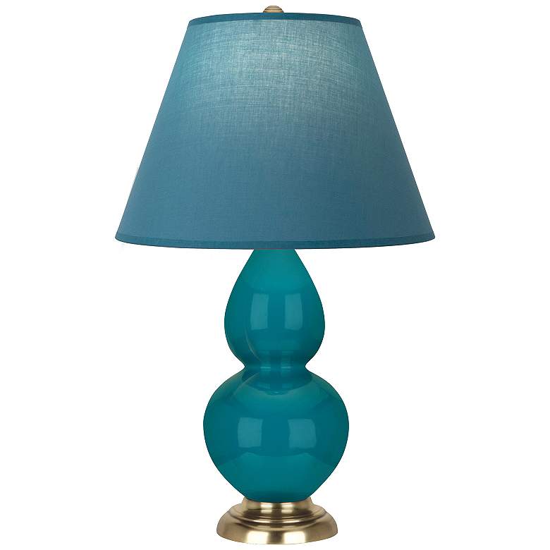 Image 1 Double Gourd 23"H Peacock And Brass Lamp w/ Bright Blue And Gray Shade