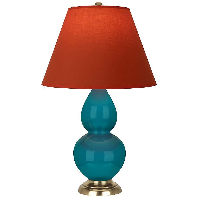 Image 1 Double Gourd 23"H Peacock And Brass Lamp w/ Tangerine And Taupe Shade