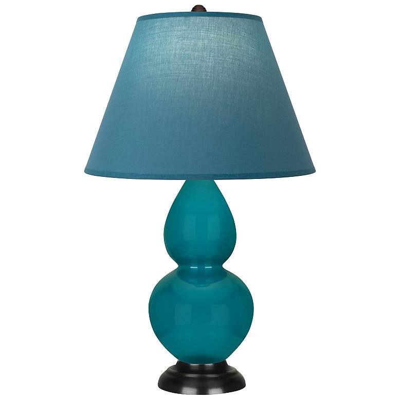 Image 1 Double Gourd 23"H Peacock And Bronze Lamp w/ Bright Blue And Gray Shade