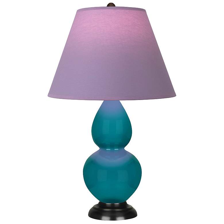 Image 1 Double Gourd 23"H Peacock And Bronze Lamp w/ Lavender And Plum Shade