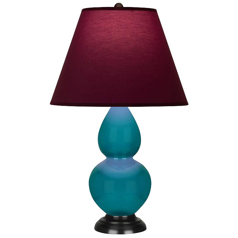 Image 1 Double Gourd 23"H Peacock And Bronze Lamp w/ Plum And Lavender Shade