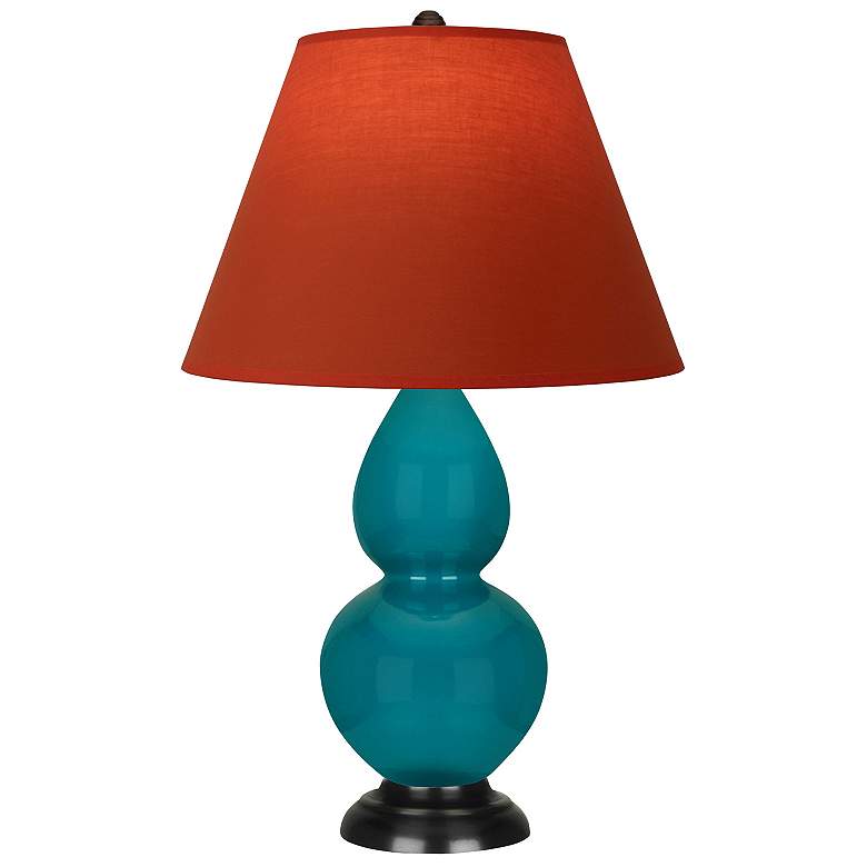 Image 1 Double Gourd 23"H Peacock And Bronze Lamp w/ Tangerine And Taupe Shade