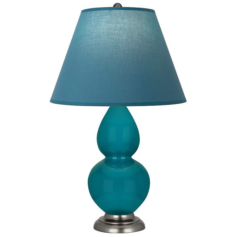 Image 1 Double Gourd 23"H Peacock And Silver Lamp w/ Bright Blue And Gray Shade