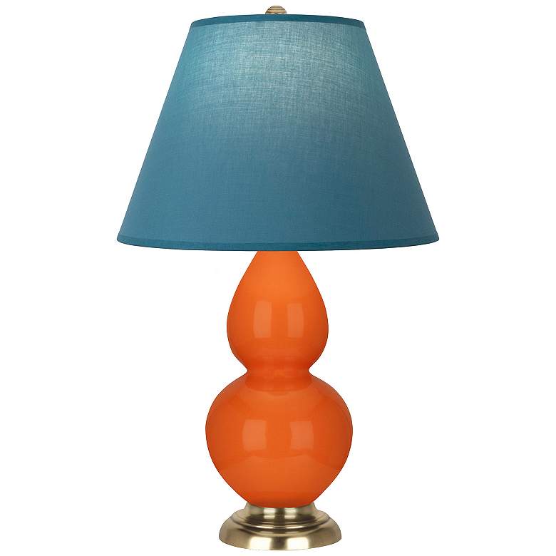 Image 1 Double Gourd 23"H Pumpkin And Brass Lamp w/ Bright Blue And Gray Shade