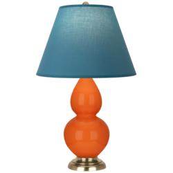 Double Gourd 23"H Pumpkin And Brass Lamp w/ Bright Blue And Gray Shade