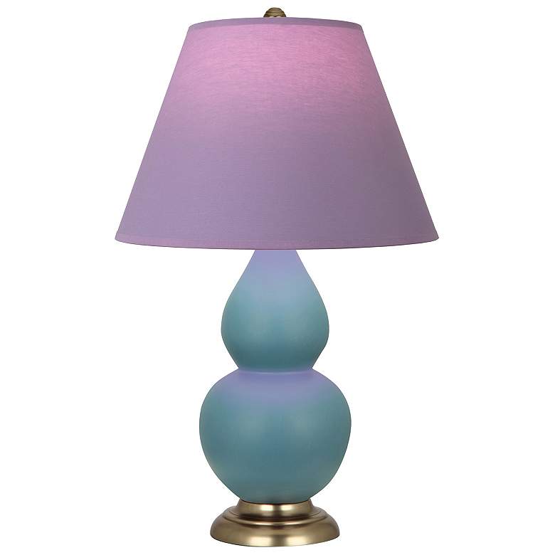 Image 1 Double Gourd 23"H Steel Blue And Brass Lamp w/ Lavender And Plum Shade