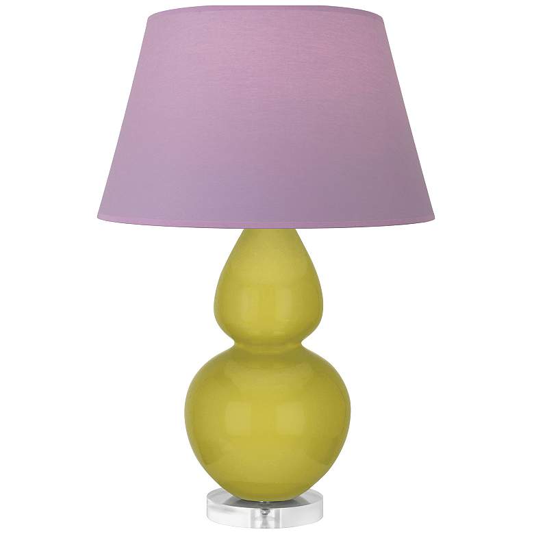 Image 1 Double Gourd 30"H Citron And Lucite Lamp w/ Lavender And Plum Shade