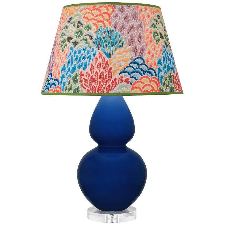 Image 1 Double Gourd 30"H Cobalt And Lucite Table Lamp w/ Spring Floral Shade