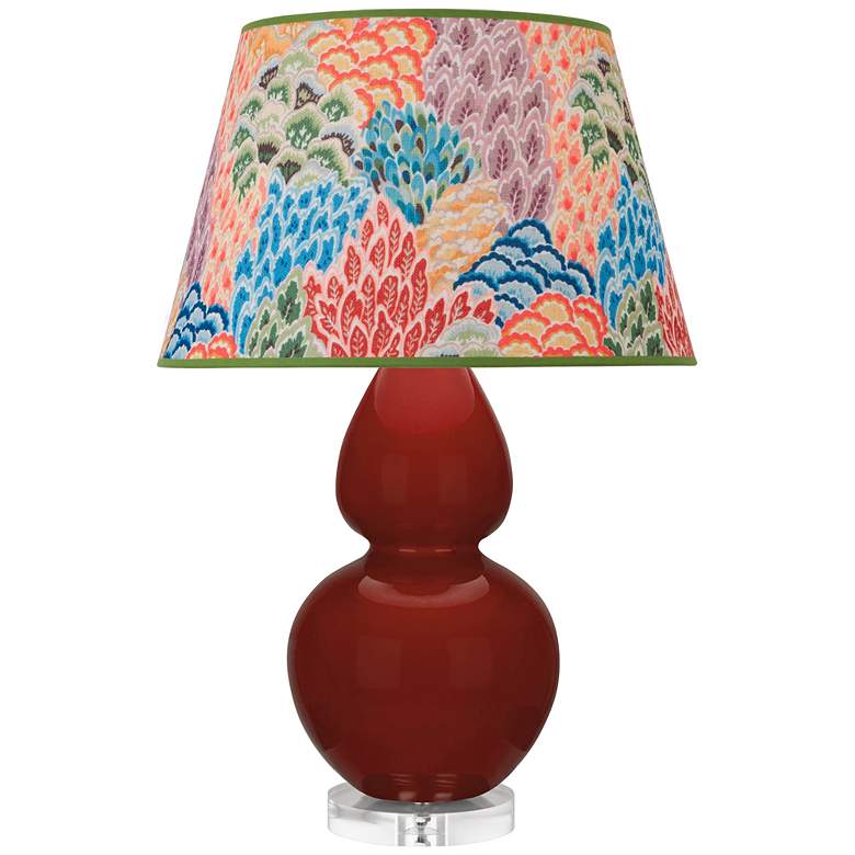 Image 1 Double Gourd 30"H Oxblood Glazed Lucite Table Lamp w/ Spring Floral Shade