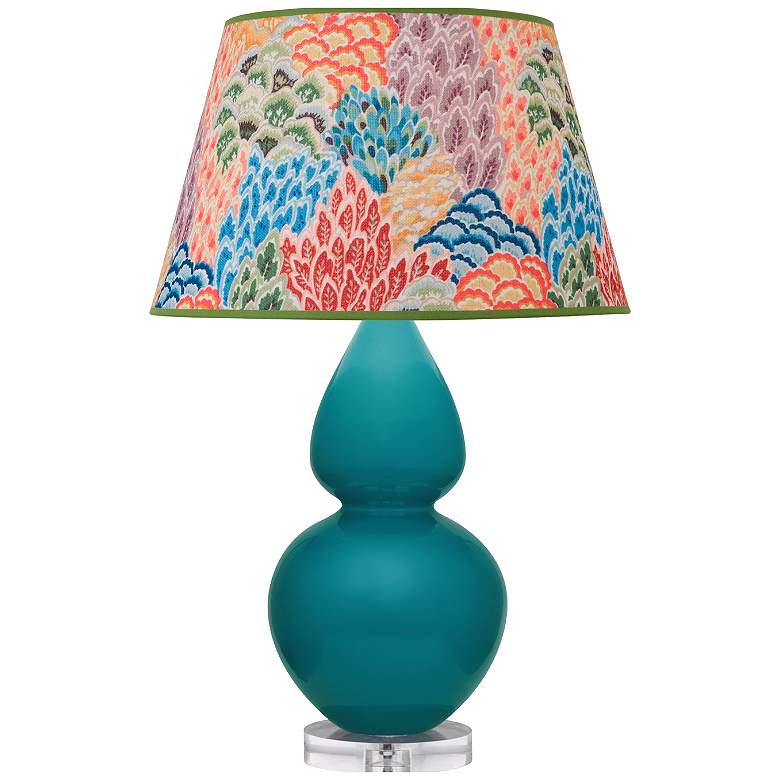 Image 1 Double Gourd 30"H Peacock And Lucite Table Lamp w/ Spring Floral Shade