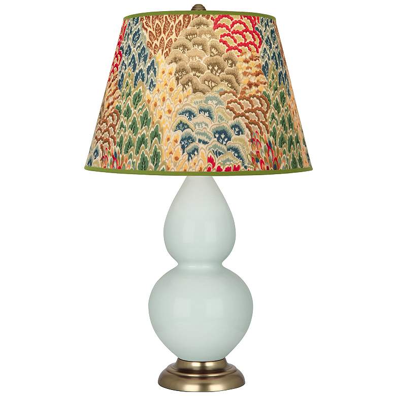 Image 1 Double Gourd 31"H Celadon And Brass Table Lamp w/ Fall Floral Shade