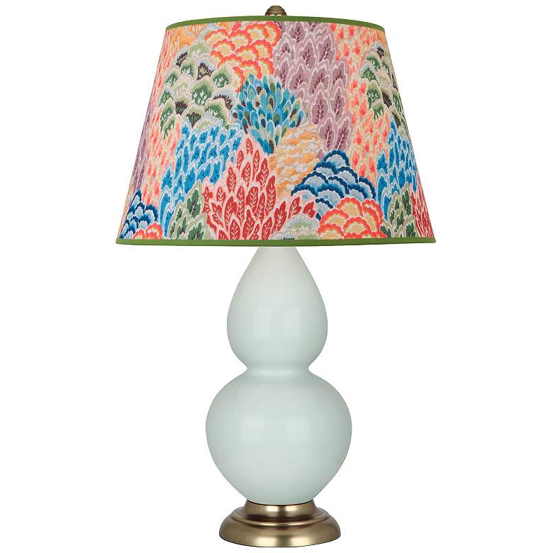 Image 1 Double Gourd 31"H Celadon And Brass Table Lamp w/ Spring Floral Shade