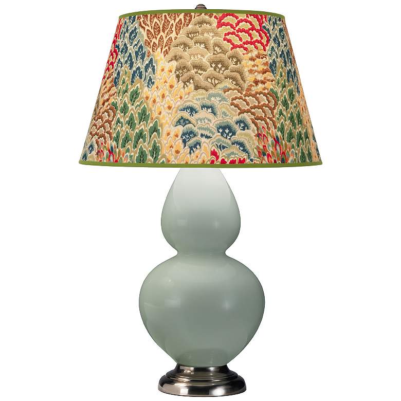 Image 1 Double Gourd 31"H Celadon And Silver Table Lamp w/ Fall Floral Shade