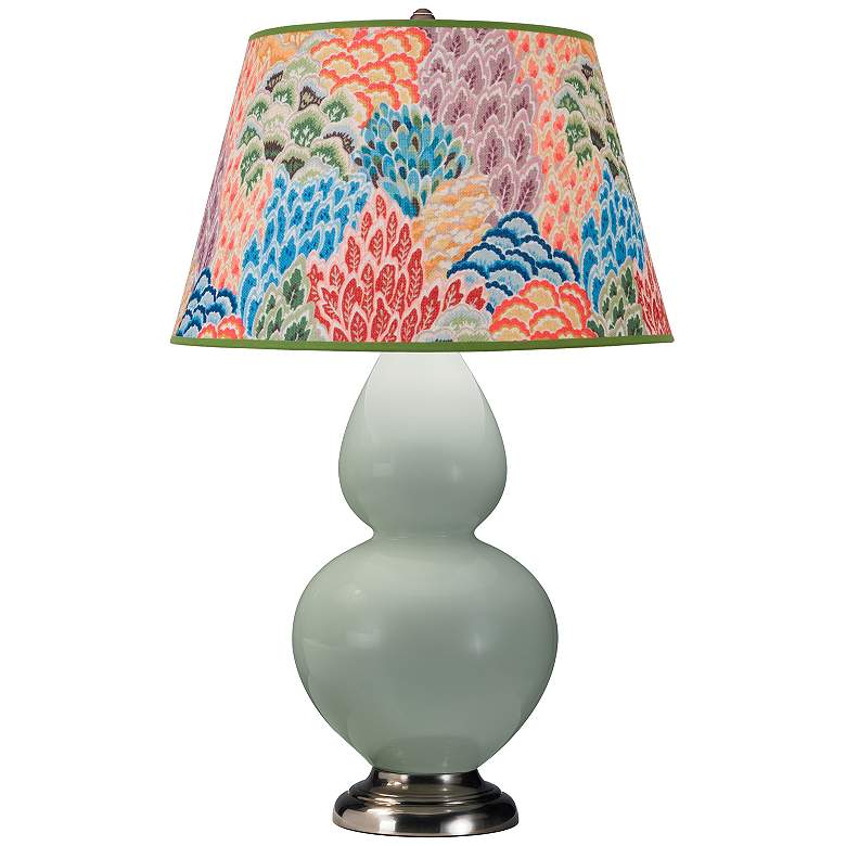 Image 1 Double Gourd 31"H Celadon And Silver Table Lamp w/ Spring Floral Shade