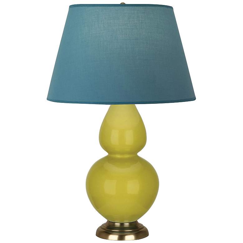 Image 1 Double Gourd 31"H Citron And Brass Lamp w/ Bright Blue And Gray Shade