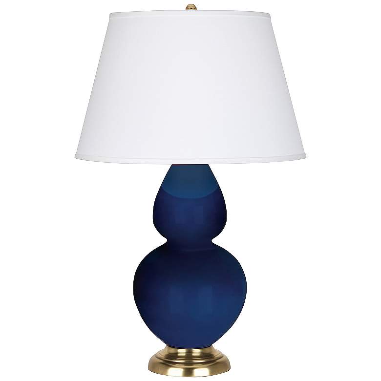 Image 1 Double Gourd 31"H Cobalt And Antique Brass Table Lamp w/ Pearl Shade